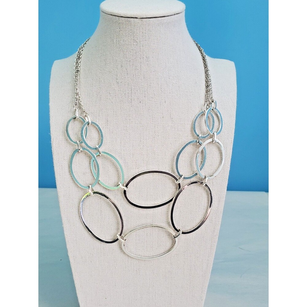 Silver Tone Oval Link Multi Strand Statement Necklace 17" Lobster Claw Closure